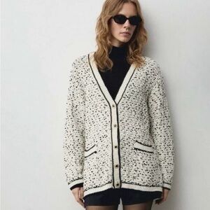 MNG Mango Jessy Fleck Knit Cardigan Tweed Like Sweater Button Front Oversized